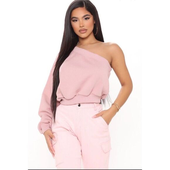Fashion Nova Been About It One Shoulder Top Sweatshirt Women’s Size Medium Mauve - Picture 1 of 6